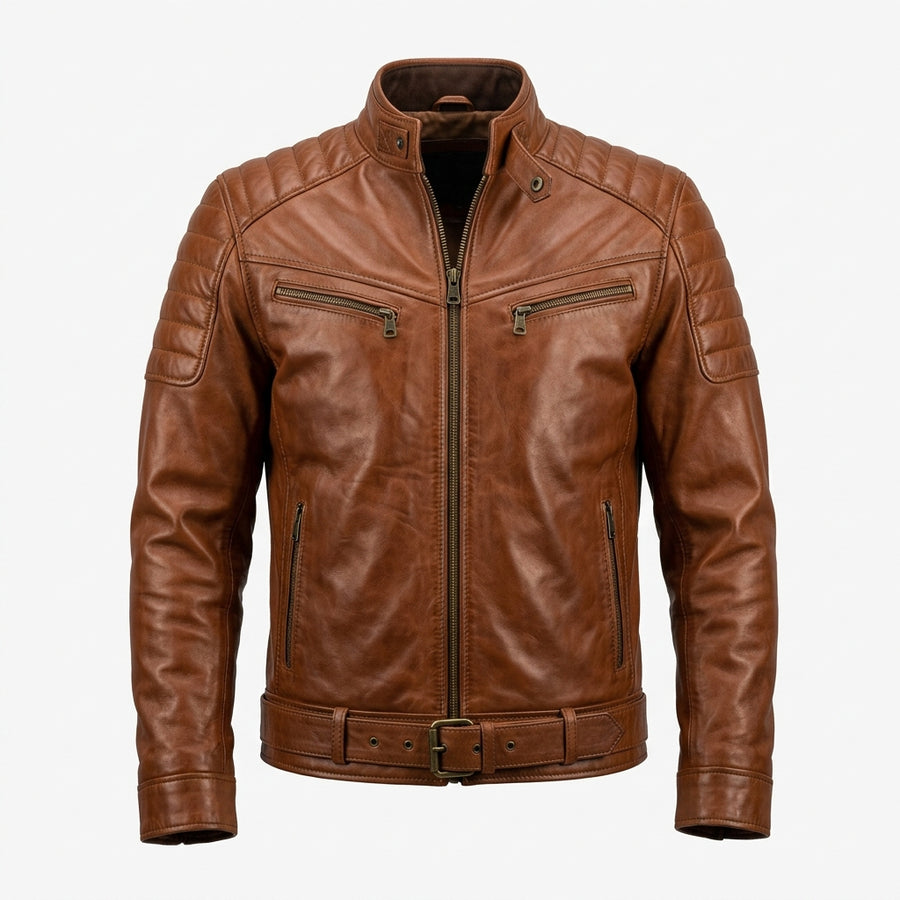 Men's Whiskey Brown Belted Leather Cafe Racer Jacket