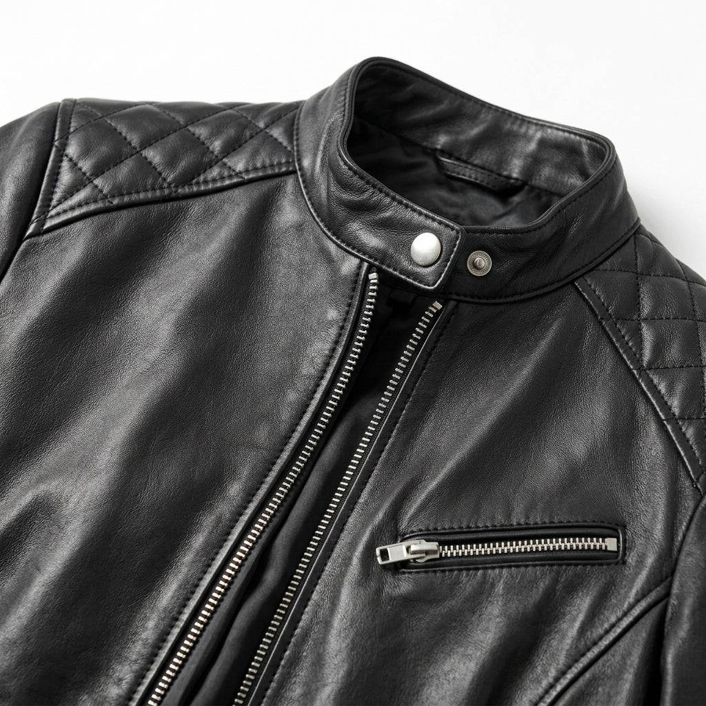Women's Black Sheepskin Leather Cafe Racer Jacket – Diamond Quilted Shoulders & Zip Cuffs