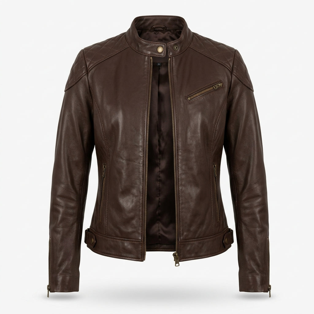 Women's Dark Brown Sheepskin Leather Cafe Racer Jacket – Quilted Shoulders & Brass Zippers