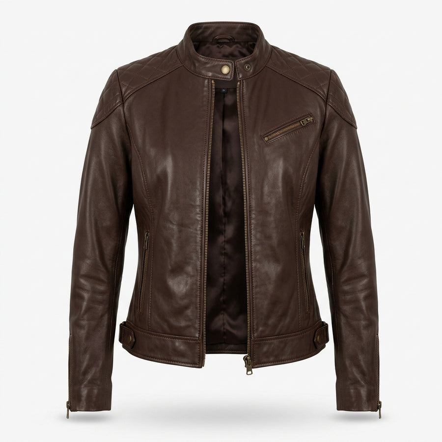 Women's Dark Brown Sheepskin Leather Cafe Racer Jacket – Quilted Shoulders & Brass Zippers