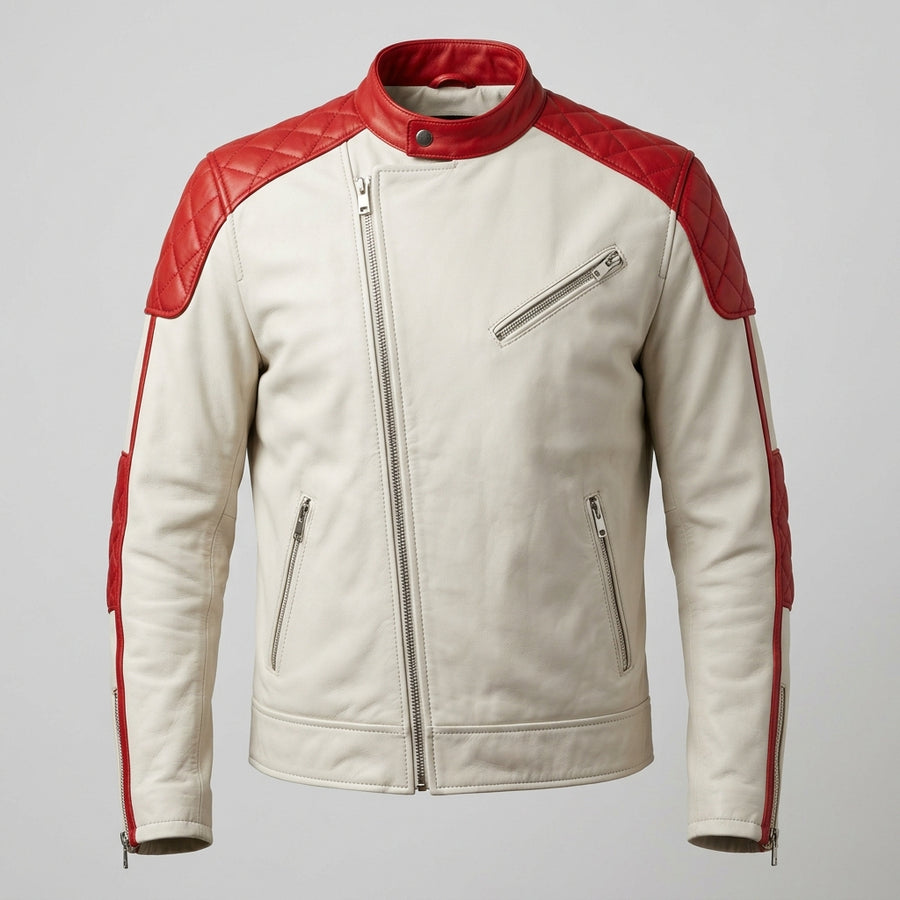 Men's White and Red Leather Cafe Racer Jacket