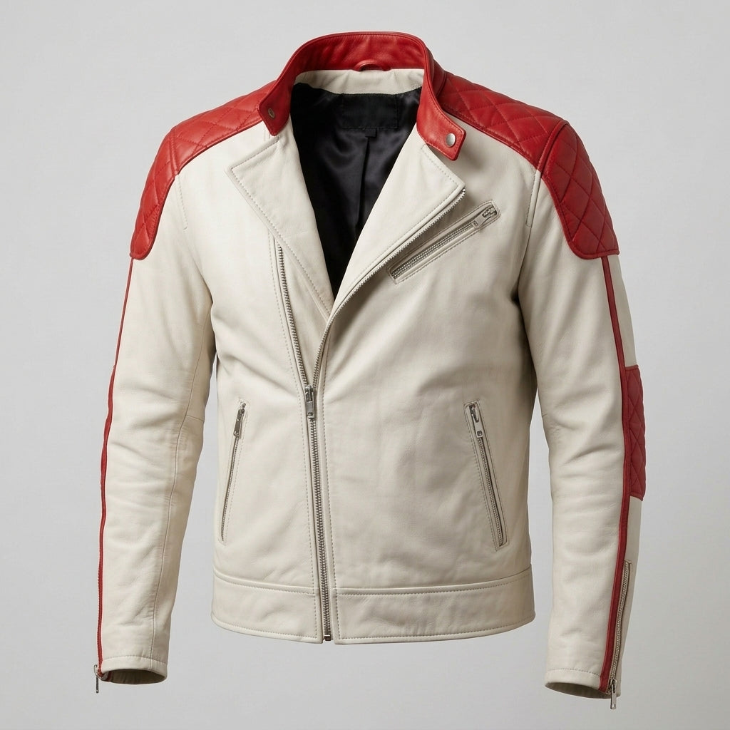 Men's White and Red Leather Cafe Racer Jacket