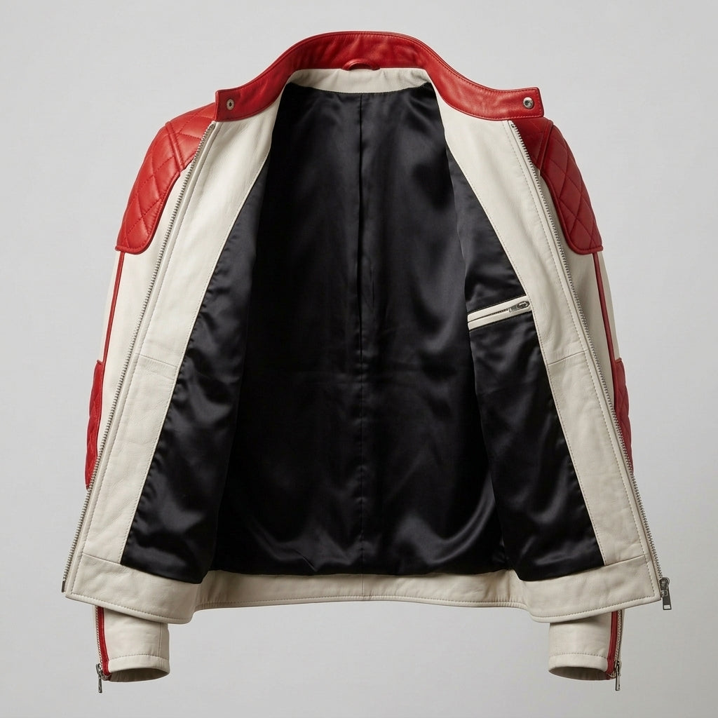 Men's White and Red Leather Cafe Racer Jacket