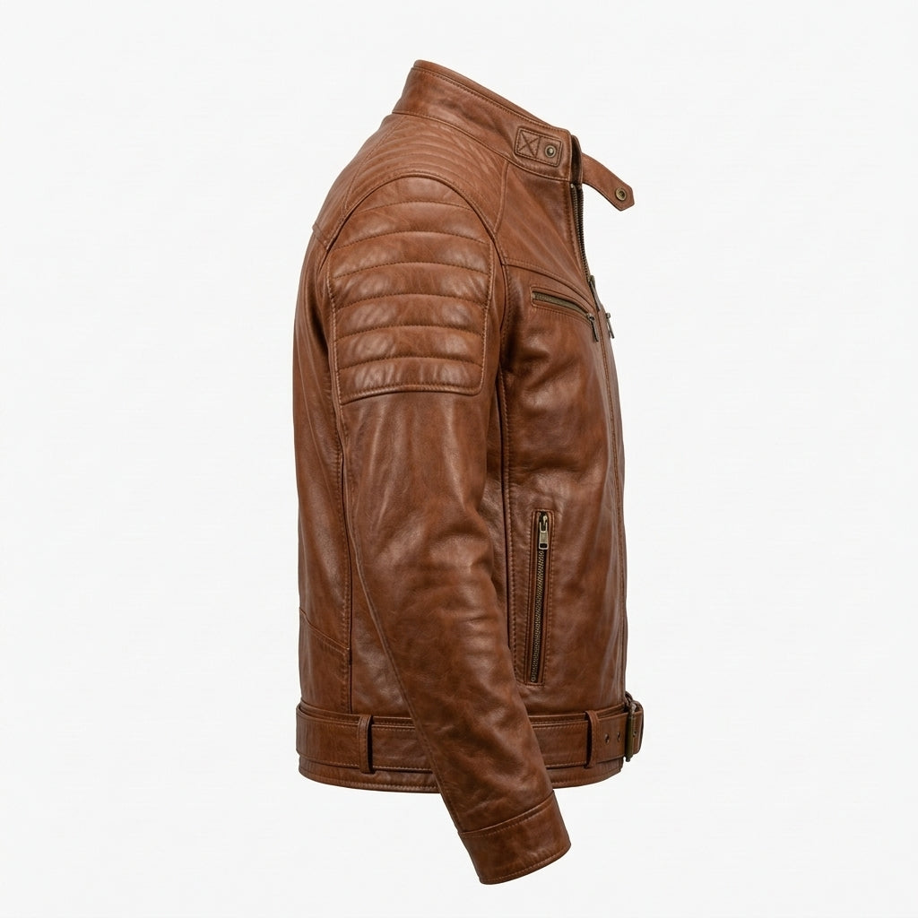 Men's Whiskey Brown Belted Leather Cafe Racer Jacket