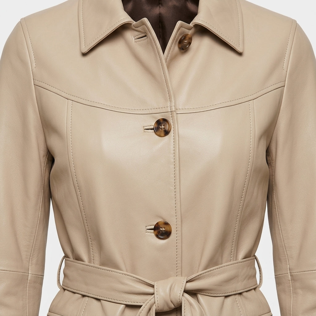 Women's Beige Sheepskin Leather Coat – Mid-Length Belted Car Coat with Collar & Buttons