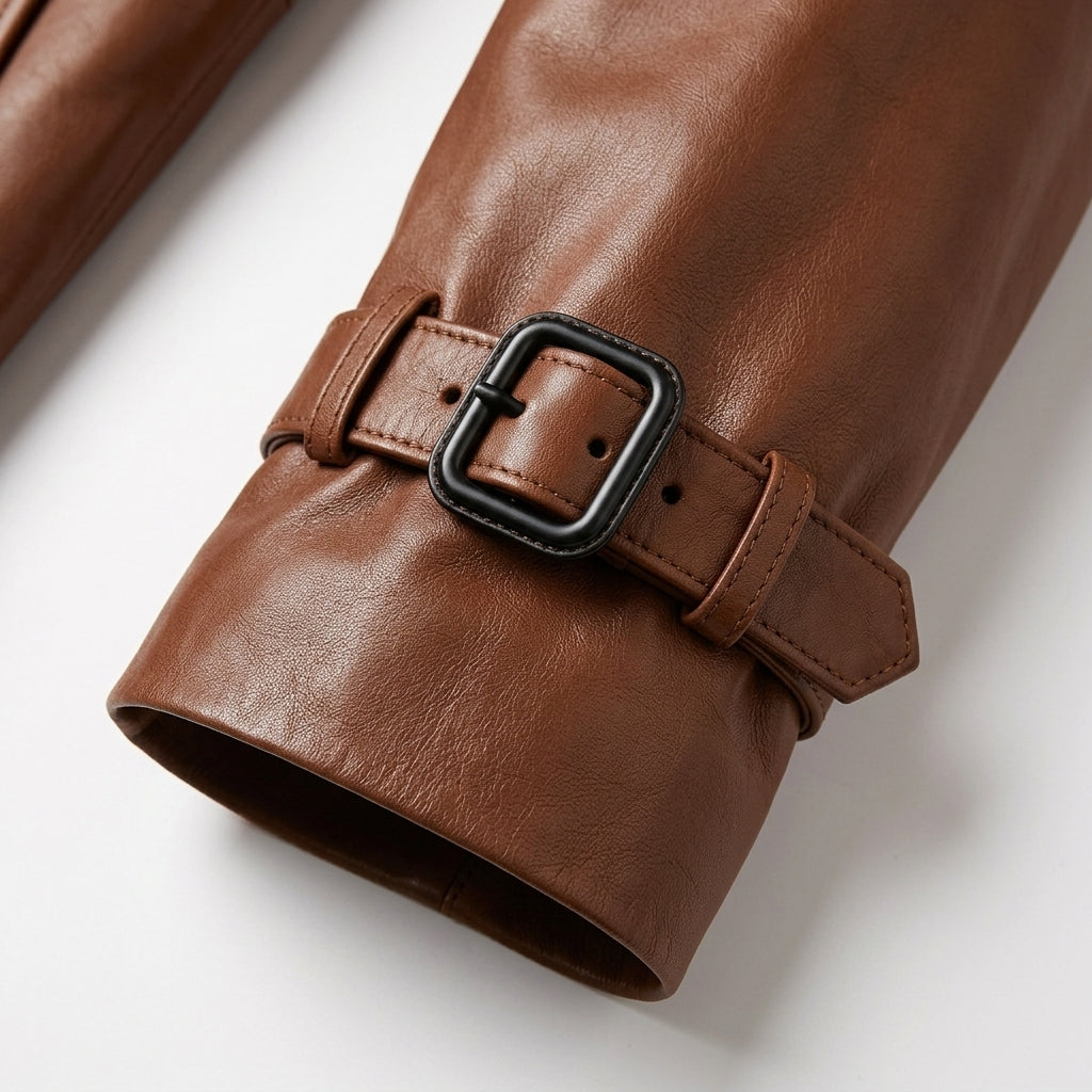 Men's Chestnut Brown Leather Trench Coat, Long Double-Breasted