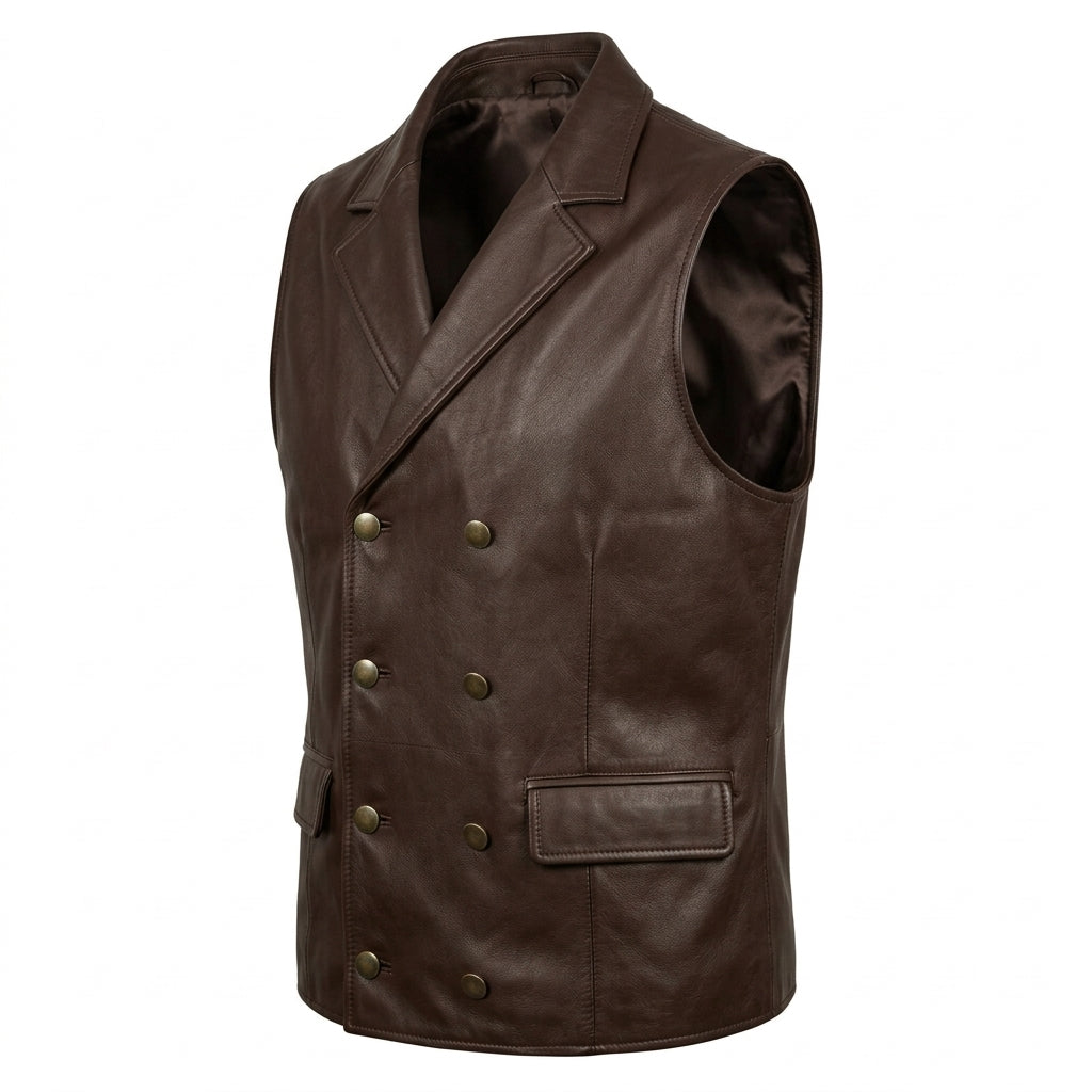 Men's Dark Brown Double-Breasted Leather Vest with Lapels
