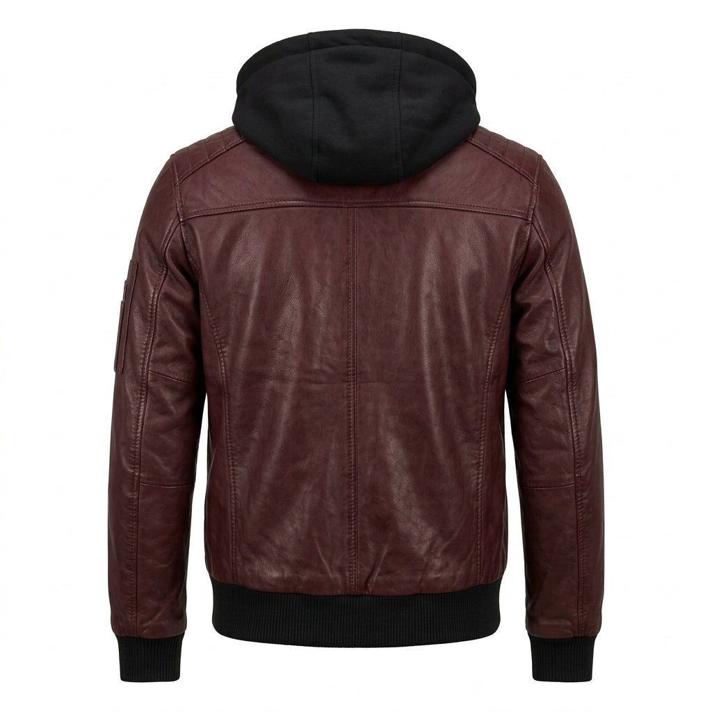 Men's Burgundy Leather Bomber Jacket with Removable Black Hood