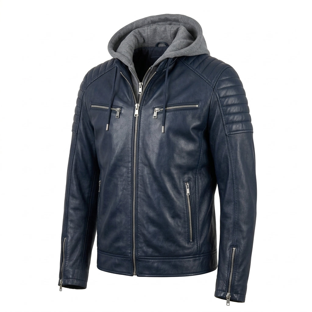 Men's Navy Blue Sheepskin Leather Biker Jacket – Removable Grey Hood, Quilted Shoulders & Silver Zippers