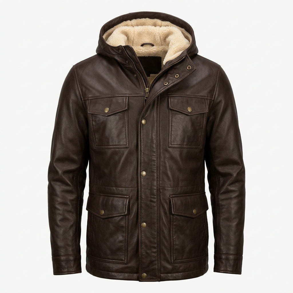Men's Dark Brown Hooded Leather Utility Jacket with Faux Shearling Hood