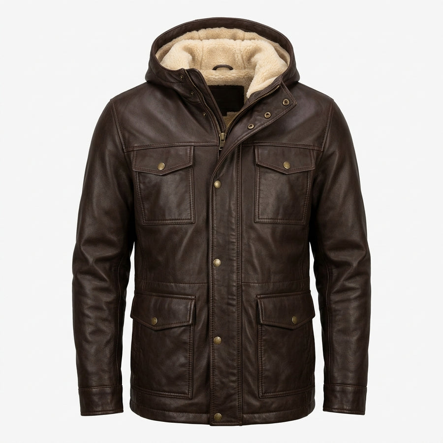 Men's Dark Brown Hooded Leather Utility Jacket with Faux Shearling Hood