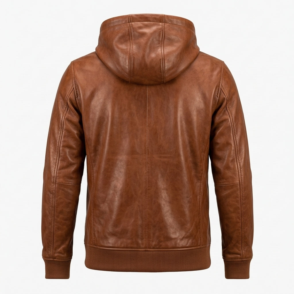 Men's Cognac Leather Pullover Hoodie, Half Zip