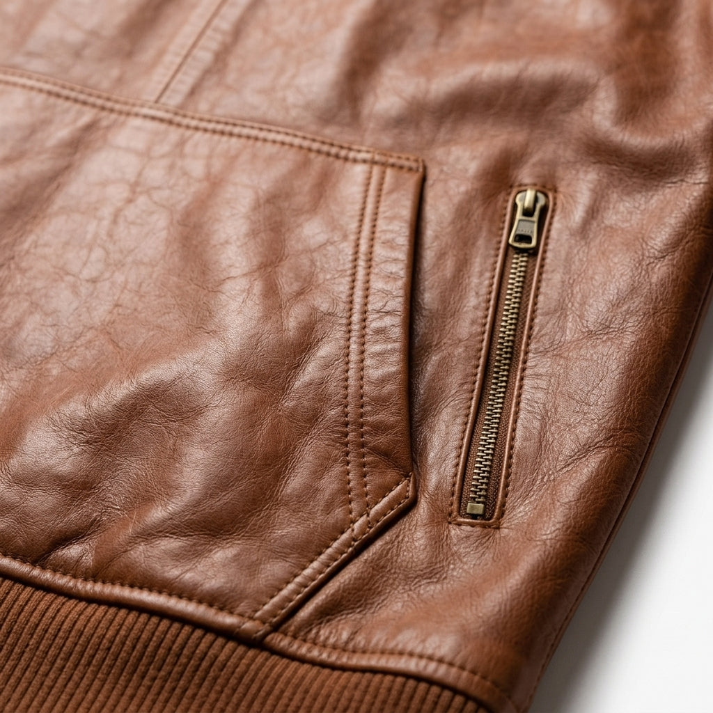 Men's Cognac Leather Pullover Hoodie, Half Zip
