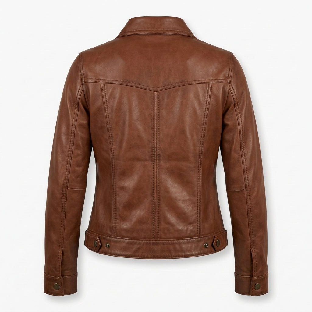 Women's Brown Sheepskin Leather Trucker Jacket – Button-Up Western Coat with Chest Pockets