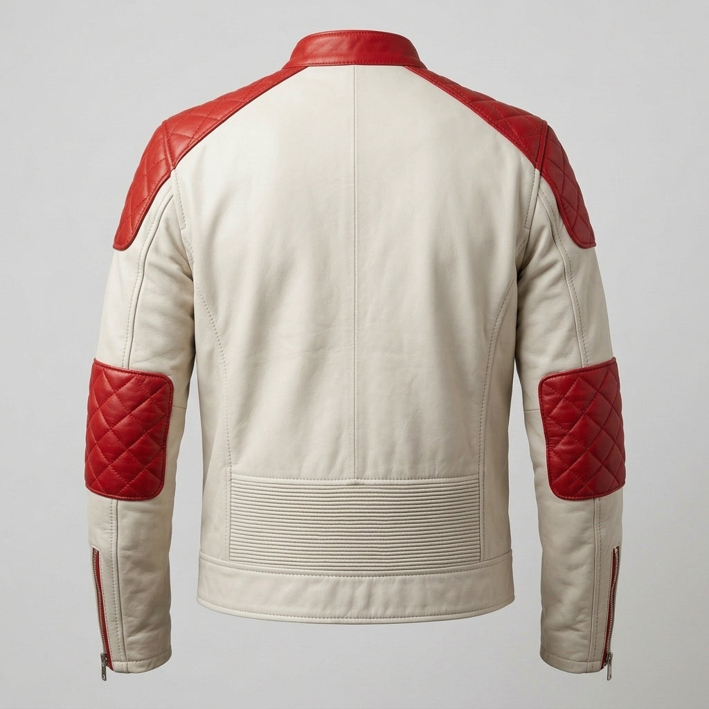 Men's White and Red Leather Cafe Racer Jacket