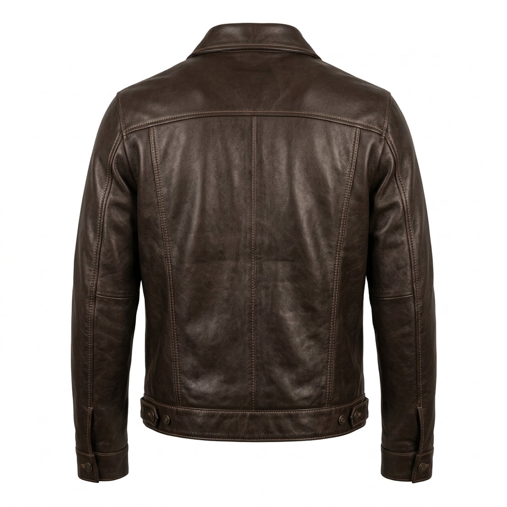 Men's Dark Brown Leather Trucker Jacket