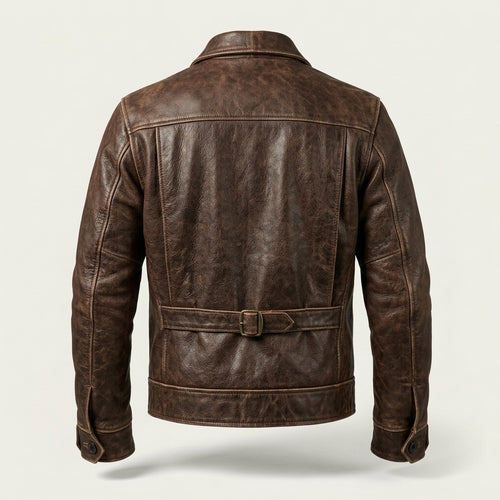 Men's Antique Brown Leather Half-Belt Jacket, 1930s Style