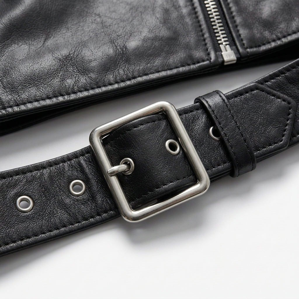 Women's Black Cropped Belted Leather Biker Jacket