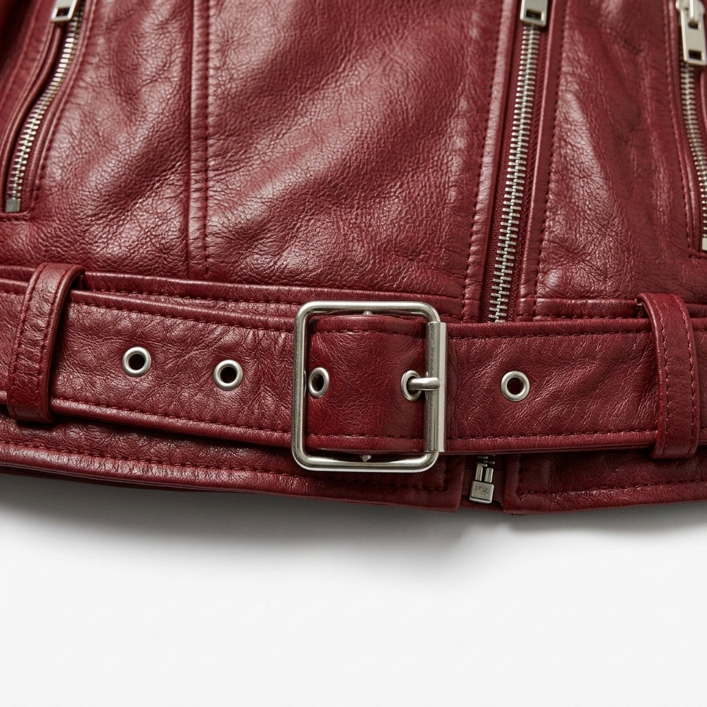 Women's Red Cropped Belted Leather Biker Jacket