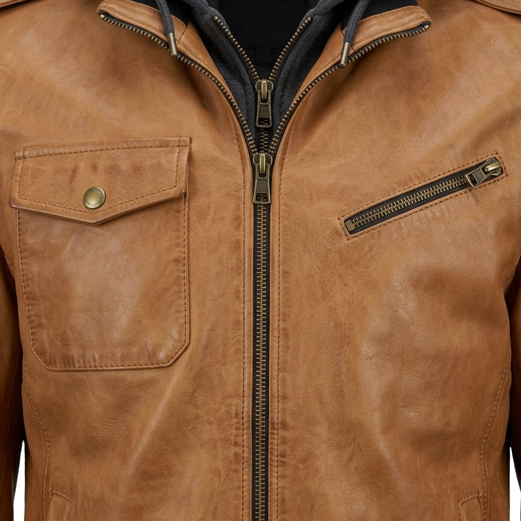 Men's Camel Tan Leather Bomber Jacket with Removable Hood