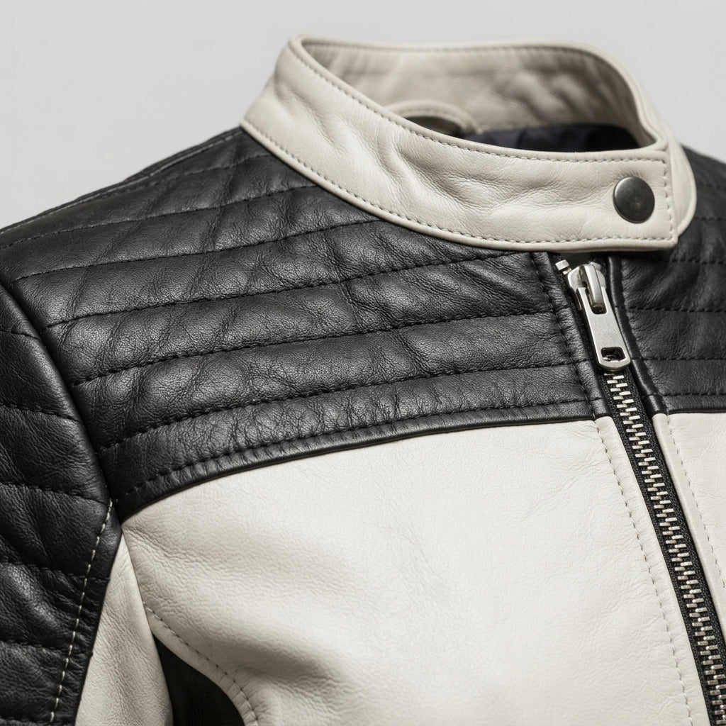 Women's White and Black Leather Sport Biker Jacket