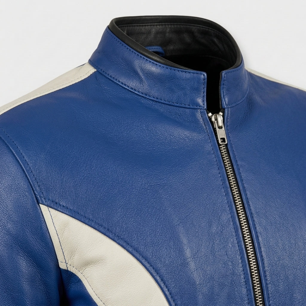 Men's Blue and White Color Block Leather Jacket