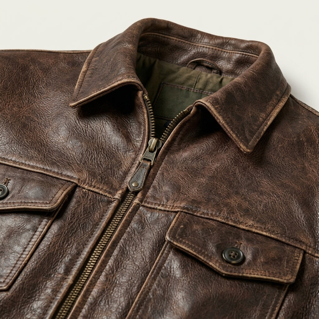 Men's Antique Brown Leather Half-Belt Jacket, 1930s Style