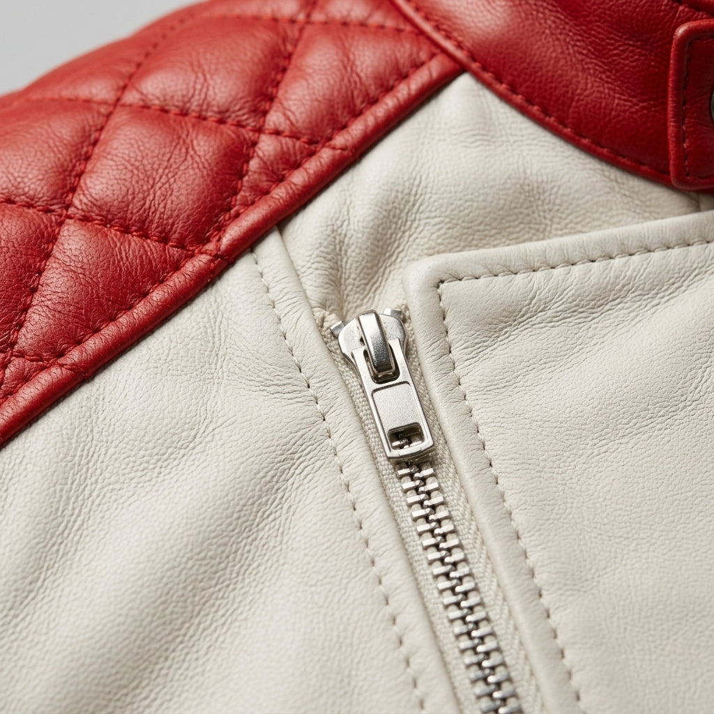 Men's White and Red Leather Cafe Racer Jacket