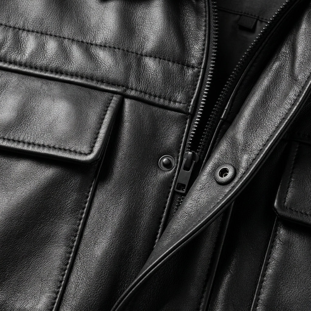Men's Black Oversized Leather Trucker Jacket with Quilted Yoke
