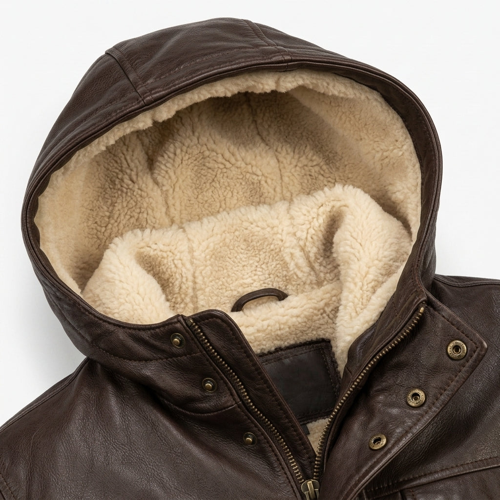 Men's Dark Brown Hooded Leather Utility Jacket with Faux Shearling Hood