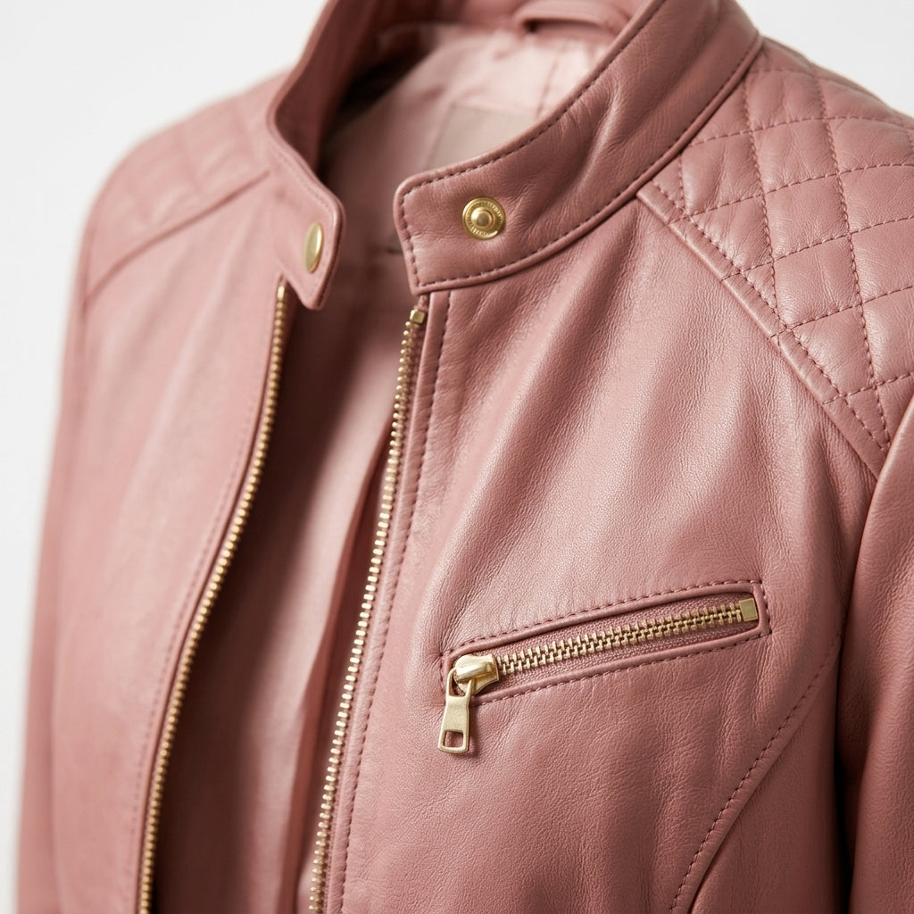 Women's Dusty Rose Sheepskin Leather Cafe Racer Jacket – Quilted Shoulders & Gold Zippers