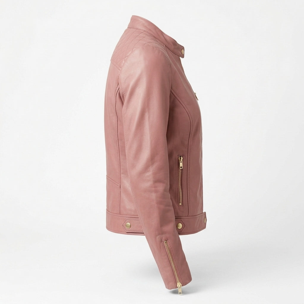 Women's Dusty Rose Sheepskin Leather Cafe Racer Jacket – Quilted Shoulders & Gold Zippers