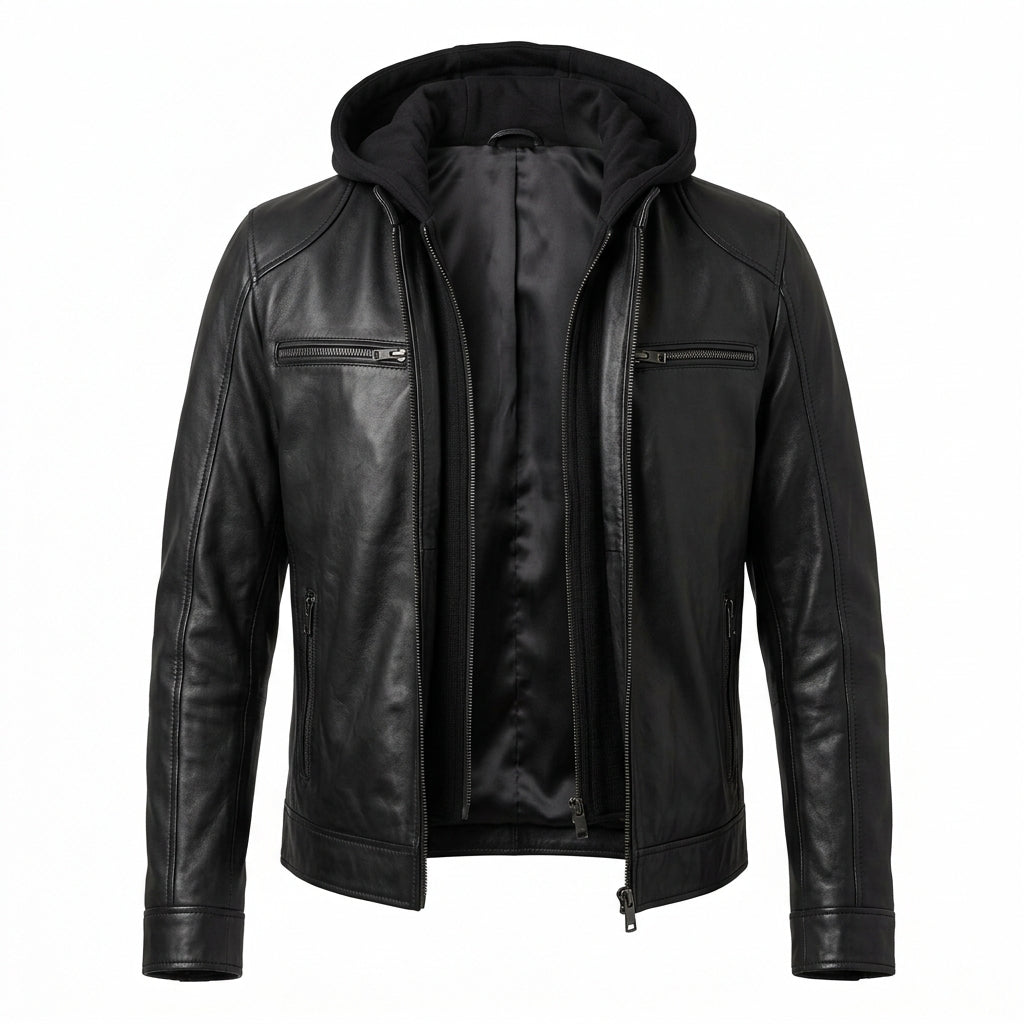 Men's Black Sheepskin Leather Jacket – Cafe Racer Style with Removable Fleece Hood