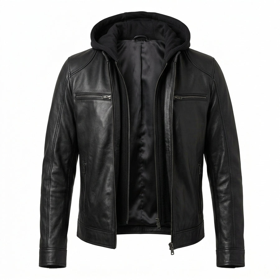 Men's Black Sheepskin Leather Jacket – Cafe Racer Style with Removable Fleece Hood