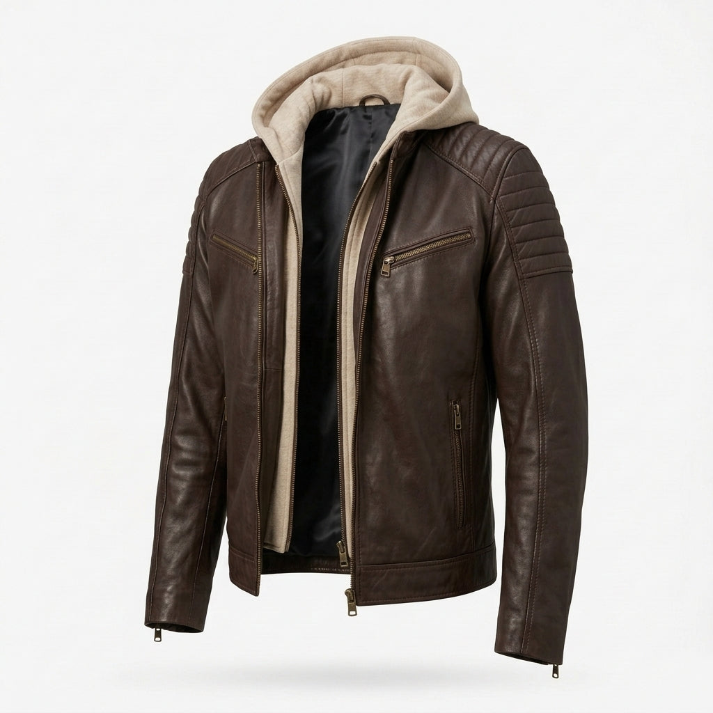 Men's Dark Brown Sheepskin Leather Biker Jacket – Removable Beige Hood & Quilted Shoulders