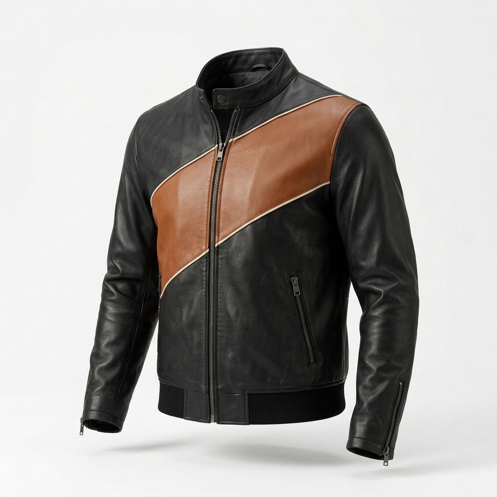 Men's Black and Cognac Color Block Leather Jacket