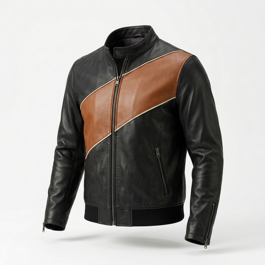Men's Black and Cognac Color Block Leather Jacket