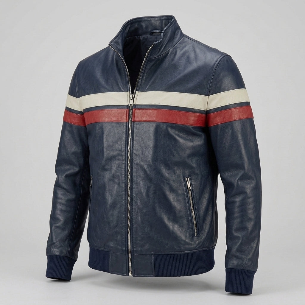 Men's Navy Retro Stripe Leather Jacket