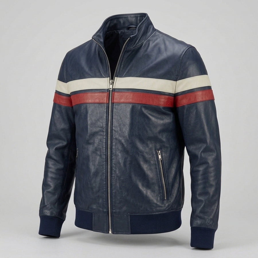 Men's Navy Retro Stripe Leather Jacket