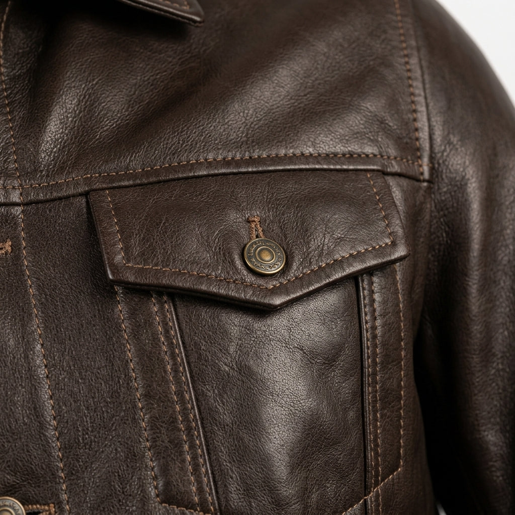 Men's Dark Brown Leather Trucker Jacket