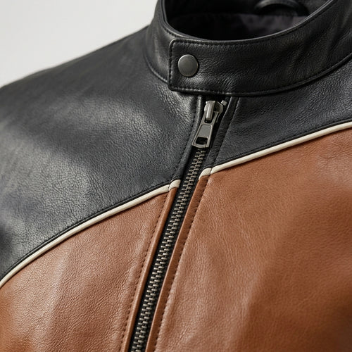 Men's Black and Cognac Color Block Leather Jacket