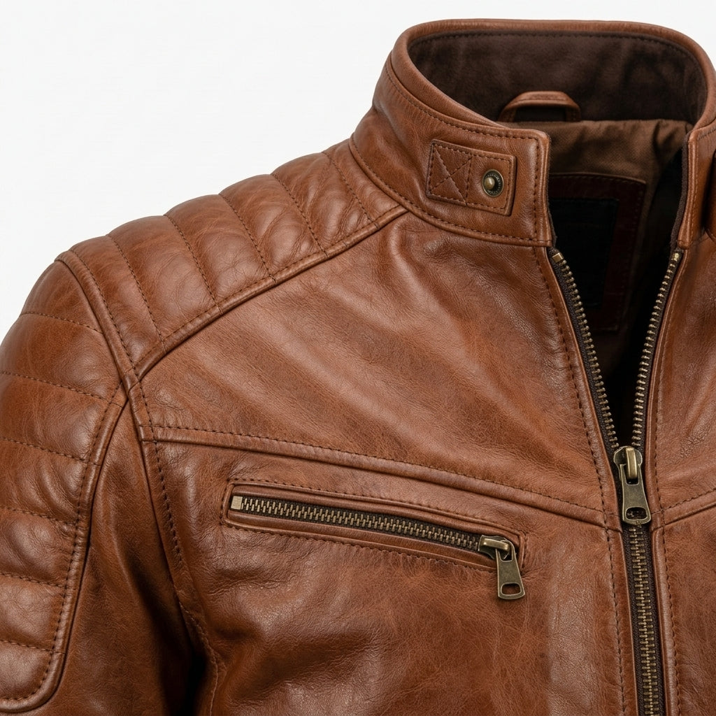 Men's Whiskey Brown Belted Leather Cafe Racer Jacket