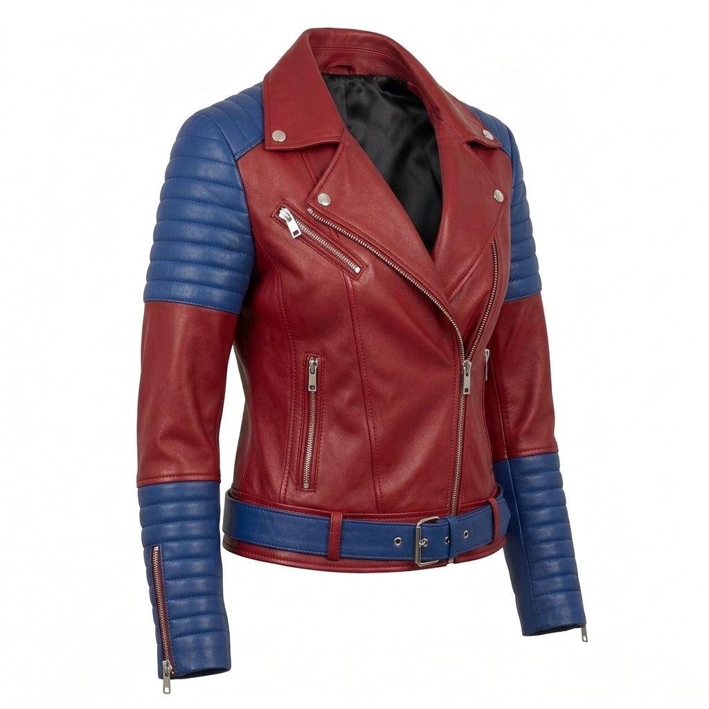 Women's Red and Blue Leather Biker Jacket, Two Tone Quilted Sheepskin Asymmetric Moto Coat, Gift for Her