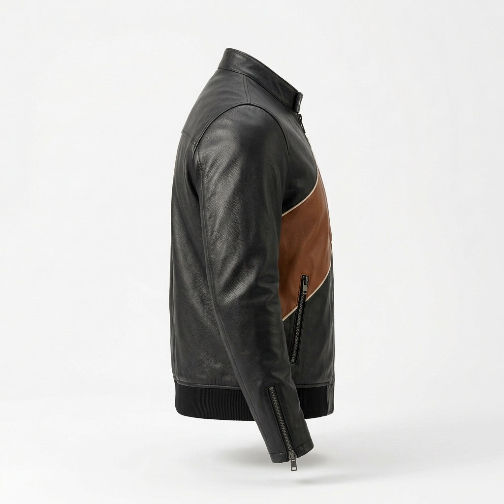Men's Black and Cognac Color Block Leather Jacket
