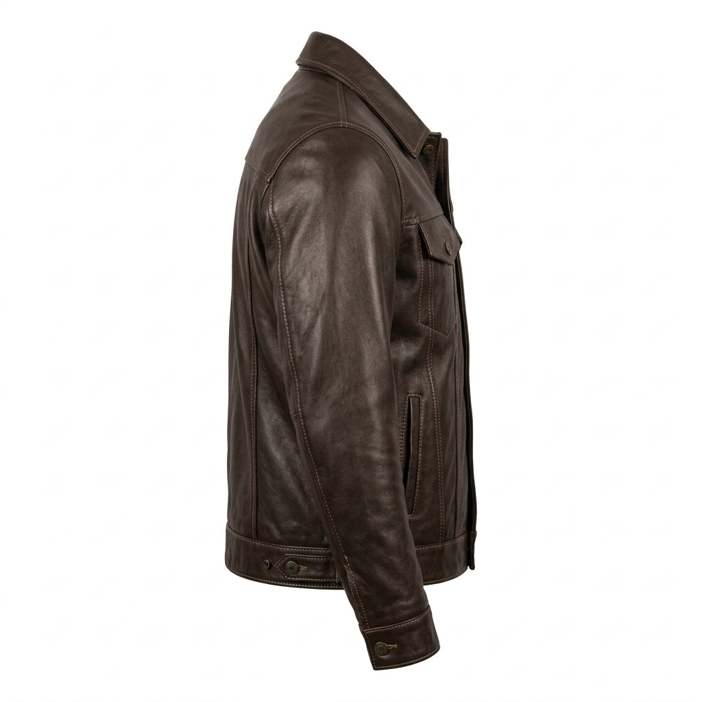 Men's Dark Brown Leather Trucker Jacket