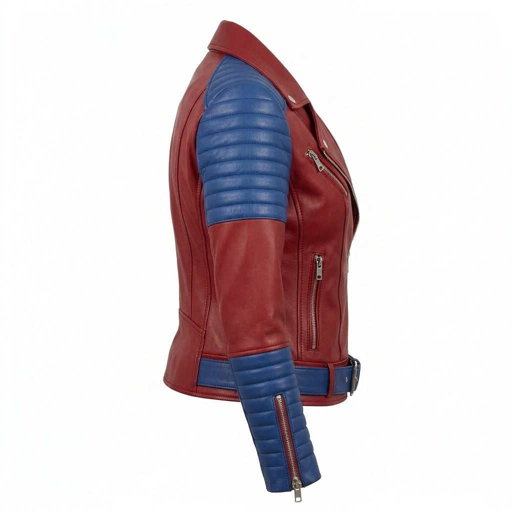 Women's Red and Blue Leather Biker Jacket, Two Tone Quilted Sheepskin Asymmetric Moto Coat, Gift for Her