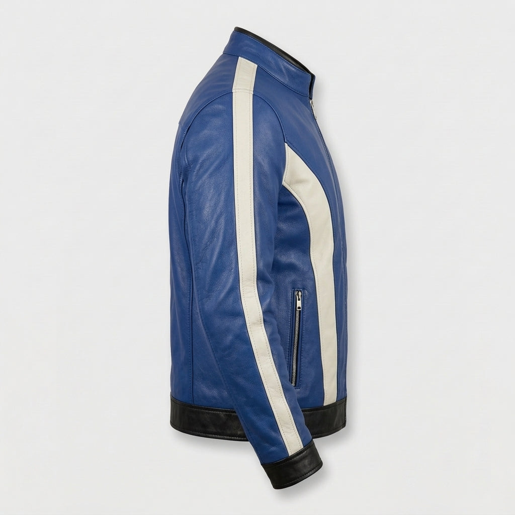 Men's Blue and White Color Block Leather Jacket