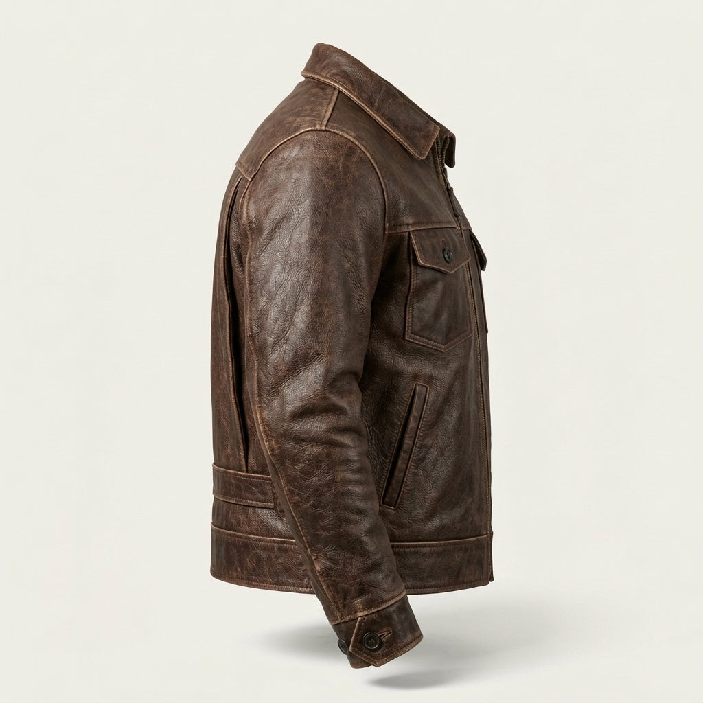 Men's Antique Brown Leather Half-Belt Jacket, 1930s Style