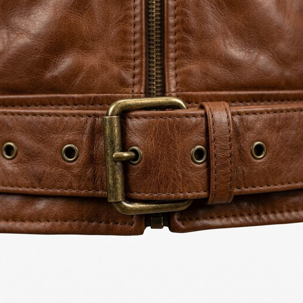 Men's Whiskey Brown Belted Leather Cafe Racer Jacket