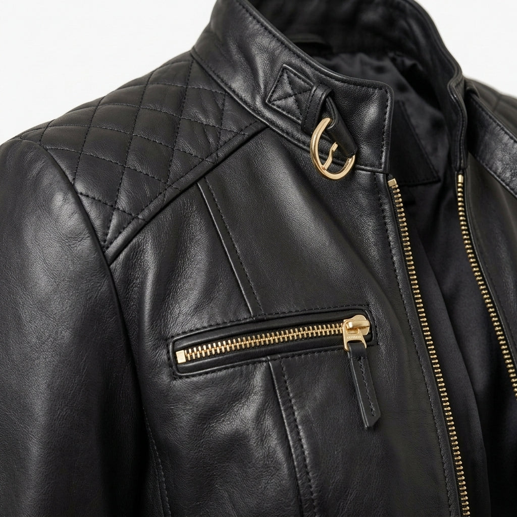 Women's Black Sheepskin Leather Jacket – Quilted Shoulder Cafe Racer Moto Jacket with Gold Zippers